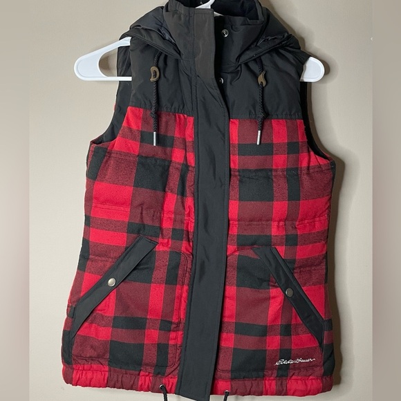Eddie Bauer Vest Women’s XS Red Plaid Casual Rustic Hooded - Picture 1 of 8